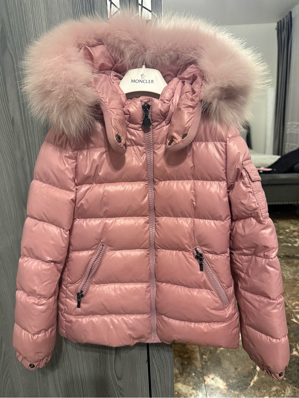 Moncler Kids Blush Pink Down Puffer Jacket with Fur-Trim Hood